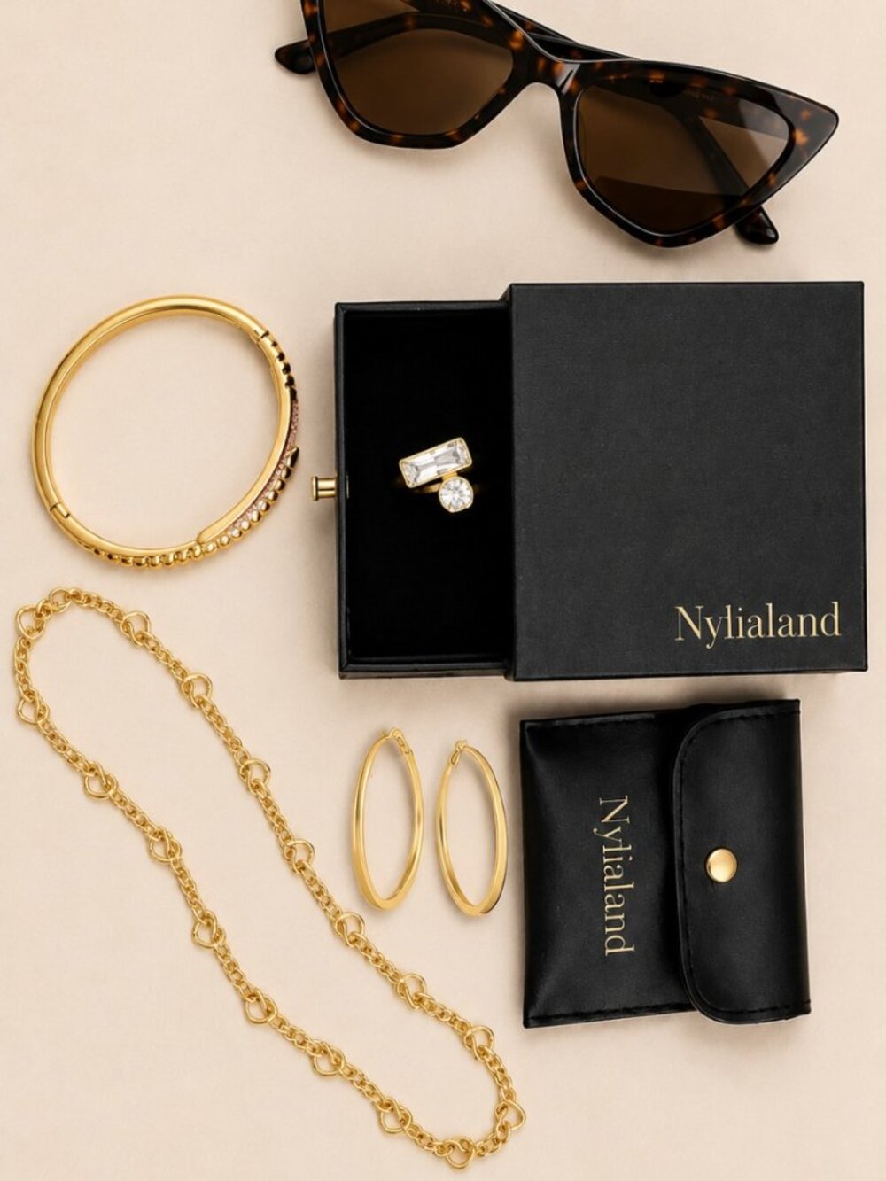 Nylialand Gold Jewelry Set & Tortoise Cat Eye Sunglasses Bundle